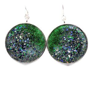 Green Glittered Silver Round Earrings